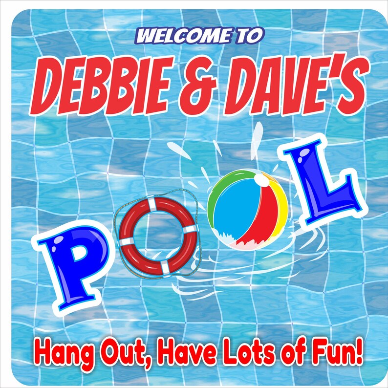 personalized swimming pool wall sign reading welcome to family pool with colorful beach ball and lifesaver graphics