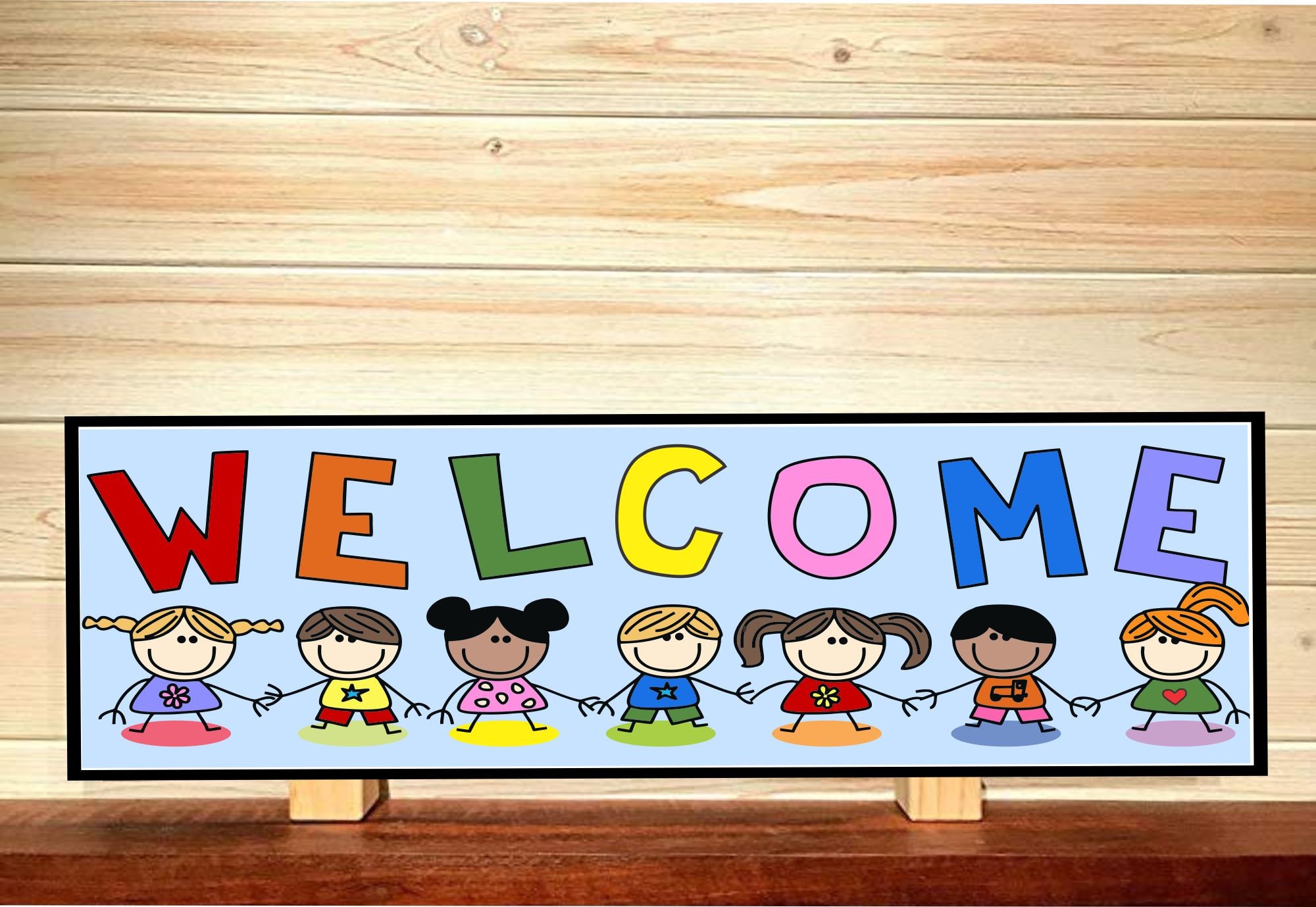 Daycare Welcome Sign with Stick Figure Kids, Colorful Novelty Sign, Classroom Welcome Sign, Teacher Gift