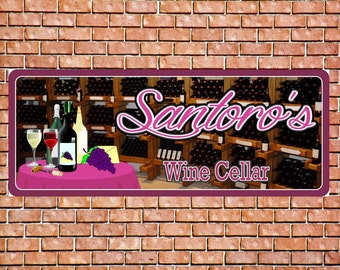Wine Cellar Sign, Winery Décor with Wine Table, Grapes & Glasses, Last Name Wine Bar Decor, Home Bar Sign, Wine Gifts 18"x7"