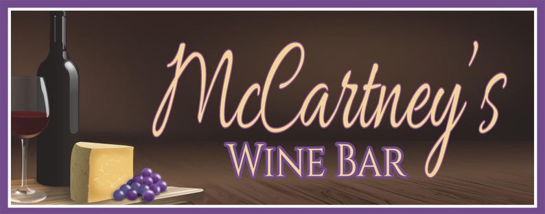 Personalized wine bar sign with red wine bottle, cheese wedge, grapes, and custom name