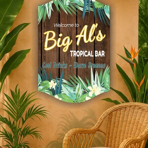 Personalized Tropical Bar Sign – Custom Tiki Bar Wall Art with Name and Quote, Luau Patio or Backyard Bar Decor