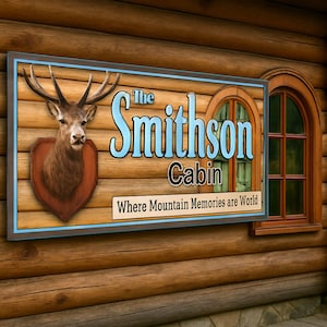 Personalized Cabin Sign – Rustic Deer Head Wall Art for Hunters, Custom Mountain Retreat Decor, Smithson Family Lodge Gift