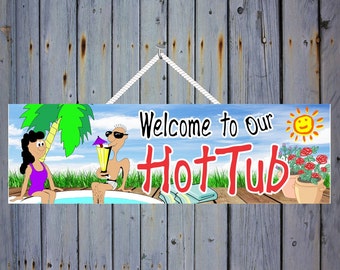 Hot Tub Welcome Sign with Roses, Palm Tree, Blue Sky and Couple Drinking Cocktails on Deck, Backyard Decor, Spa Decor, Hot Tub Plaque