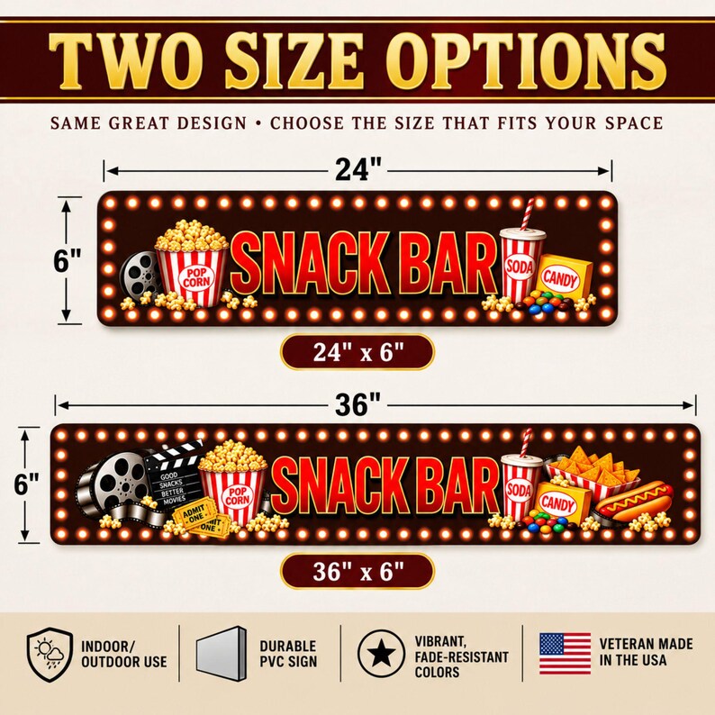 Snack Bar aluminum sign size chart showing 24 x 6 inch and 36 x 6 inch options