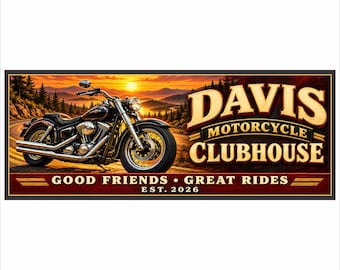 Personalized Motorcycle Sign: Custom Biker Garage Decor with Sunset and Cruiser