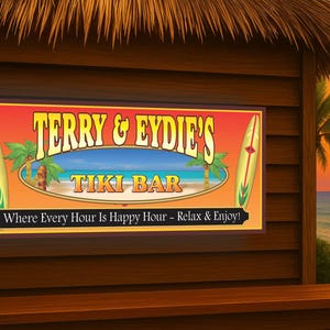 Personalized Tiki Bar Sign – Custom Tropical Bar Decor with Surfboards, Sunset, and Relaxing Quote