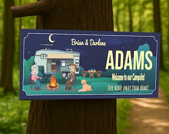 Personalized RV Campsite Sign: Cartoon Couple & Dog Camper Decor