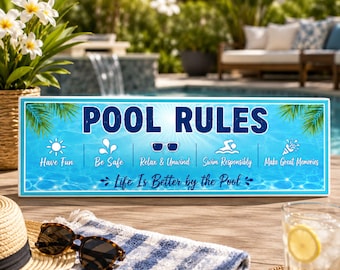 Pool Rules Sign: Backyard Oasis Decor, Coastal Wall Art, Summer Patio Plaque
