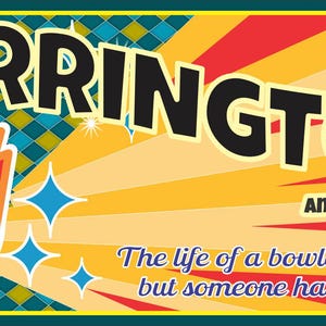 Close-up of personalized retro bowling sign with name, pins, ball, and colorful text