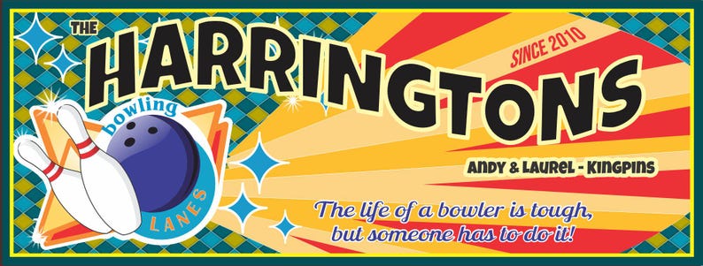 Close-up of personalized retro bowling sign with name, pins, ball, and colorful text