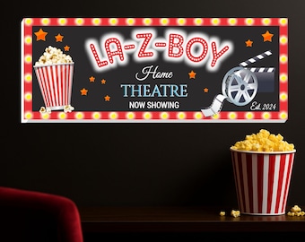 Personalized Home Theater Sign: Custom Movie Room Decor with Popcorn & Film Reel Graphics
