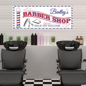 Personalized Barber Shop Sign: Red White Blue Decor, Custom Wall Art