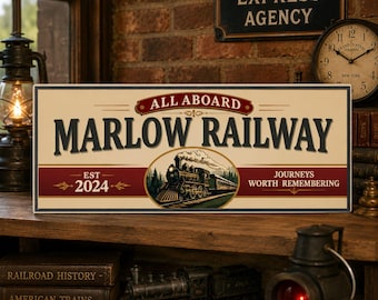 Personalized Railroad Sign: Train Room Decor, Steam Locomotive Art, Model Railroad