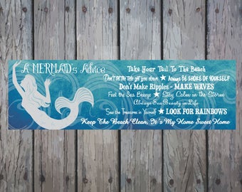 Advice From a Mermaid Inspirational Sign with Elegant Mermaid, Ocean Waves & Beach Quotes, Beach Decor, Mermaid Decor, Mermaid Sign