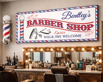 Letrero de barbería personalizado: decoración en rojo, blanco y azul, arte de pared personalizado