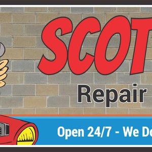 Close-up of personalized repair shop sign featuring a cartoon mechanic holding a wrench next to a red car engine, with bold red and gray lettering against a block wall background.