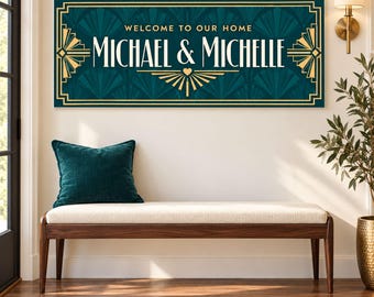 Personalized Welcome Sign: Teal and Gold Art Deco Family Name Entryway Decor