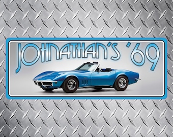 Custom Blue 1969 Corvette Stingray Personalized Sign, Classic Car Sign, Sports Car Sign, Car Memorabilia, Gift for Car Lovers 28"x11"