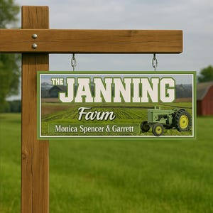 Personalized Farm Sign – Rustic Tractor Wall Art for Country Homes, Custom Family Name Green Farmhouse Decor