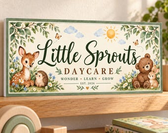 Personalized Daycare Sign: Custom Preschool or Academy Decor with Forest Animals
