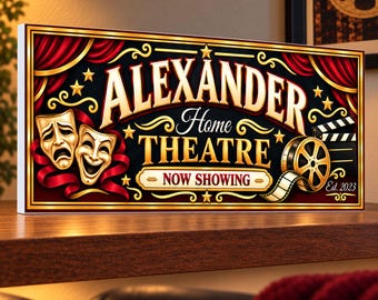 Custom Home Theater Sign: Personalized Movie Room Decor, Red and Gold Cinema Sign
