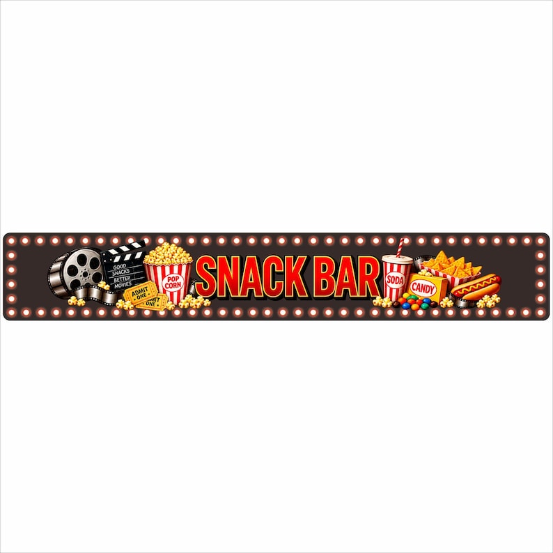 36 x 6 Snack Bar aluminum sign with popcorn, movie reel, soda, candy and theater snack graphics