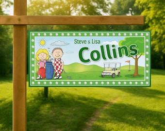 Letrero personalizado de golf con pareja de dibujos animados – Decoración personalizada para el hogar de golfistas