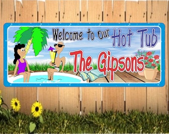 Welcome To Our Hot Tub Personalized Sign with Couple & Palm Tree, Custom Welcome Sign, Custom Hot Tub Sign, Hot Tub, Name Sign