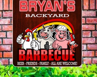 Personalized BBQ Farm Sign - Custom Hen Pig Cow Graphic - Rustic Grill Decor - Outdoor Barbecue Plaque - Unique BBQ Gift (2 Sizes)