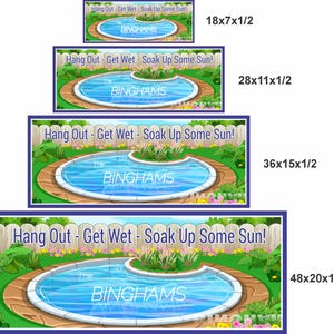 Visual display showing four available sizes of the personalized pool sign for backyard or patio decoration.