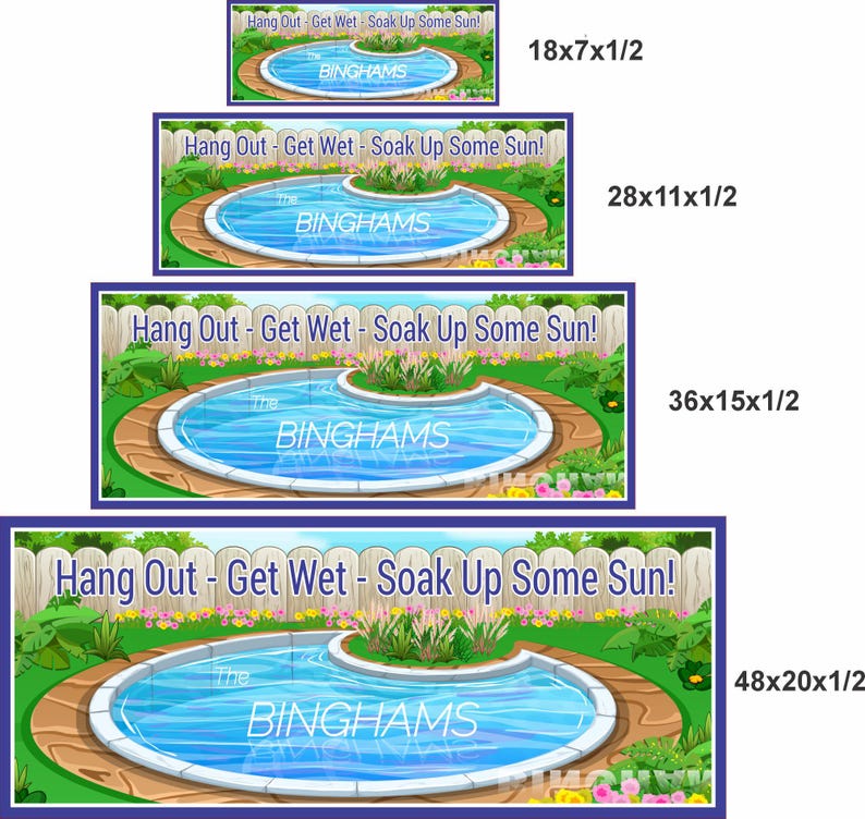 Visual display showing four available sizes of the personalized pool sign for backyard or patio decoration.