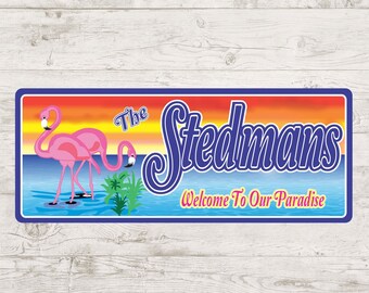 Personalized Flamingo Sign Pink Decor Home Beach Custom Name Sign Bird Welcome to Paradise Sunset