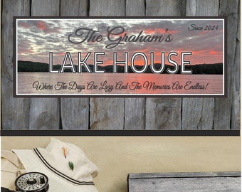 Personalized Stormy Sunset Sky Lake House Sign - Custom Wall Art for Lakefront Decor (4 Sizes)