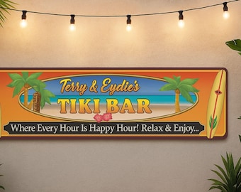 Personalized Tiki Bar Sign – Tropical Beach Sunset, Custom Surfboard Decor