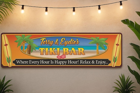 Personalized Tiki Bar Sign – Tropical Beach Sunset, Custom Surfboard Decor