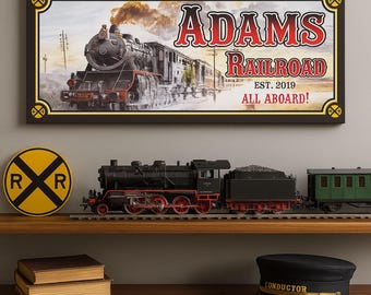 Personalized Railroad Sign: Vintage Steam Train Decor, Custom Railway Art