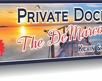 Personalized Dock Sign with Stunning Sunset Background - Custom Lake House Decor - Coastal Name Plaque for Pier and Docks 28x11