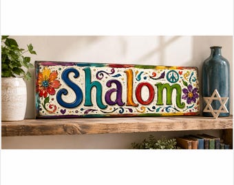 halom Sign: Colorful Jewish Home Decor, Boho Judaica Wall Art, Jewish Housewarming Gift