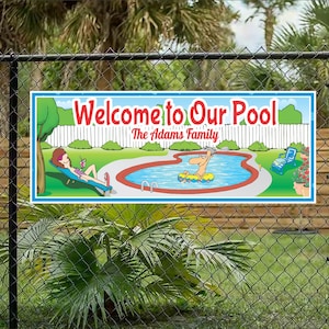 Personalized Pool Sign – Funny Backyard Pool Wall Art, Custom Summer Decor for Family with Cartoon Swimmers