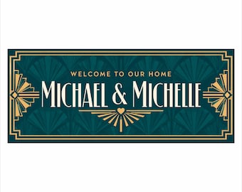 Personalized Welcome Sign: Teal and Gold Art Deco Family Name Entryway Decor