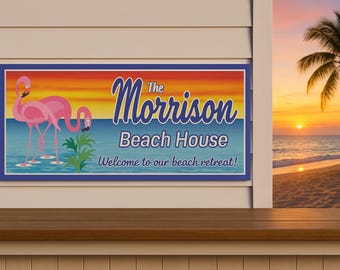 Personalized Flamingo Beach House Sign: Tropical Sunset Decor
