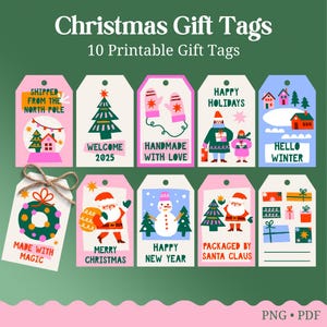 Puede incluir: Diez etiquetas de regalo de Navidad imprimibles con varios diseños. Las etiquetas presentan ilustraciones de Papá Noel, un muñeco de nieve, un árbol de Navidad, una escena de invierno y una corona. El texto en las etiquetas incluye frases como "Enviado desde el Polo Norte", "Bienvenido 2025", "Hecho a mano con amor", "Felices fiestas", "Hola invierno", "Hecho con magia", "Feliz Navidad", "Feliz Año Nuevo" y "Empaquetado por Santa Claus".