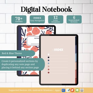 Peut inclure: Une maquette d'application de carnet numérique avec une couverture florale rouge et bleue, une page d'index avec des échantillons de couleurs, et le texte "Carnet numérique", "70+ couvertures", "INDEX Navigation facile", "12 modèles de notes", "6 sections hyperliées", "Thème rouge et bleu", "Créer 6 sections personnalisées en dupliquant n'importe quelle page de note et en la plaçant derrière n'importe quelle page de section", "Appareils pris en charge : iOS, Android et Windows | Applications :", et "plus d'applications".