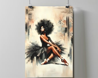 May include: A painting of a woman with an afro wearing a black tutu and white ballet shoes. The background is a colorful abstract design.