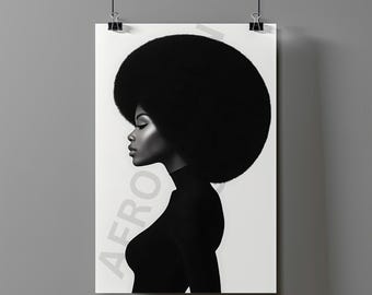 May include: Black and white portrait of a person with an afro hairstyle. The person is wearing a black turtleneck shirt and looking to the side.