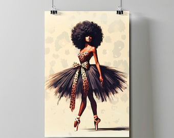 May include: A digital painting of a Black woman with an afro wearing a black tulle tutu with a leopard print bow and pointe shoes.