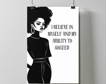 Black Woman Affirmation Art | Boss Lady Digital Print | Self Confidence Wall Decor | Motivation Quote Poster | Black Excellence Download