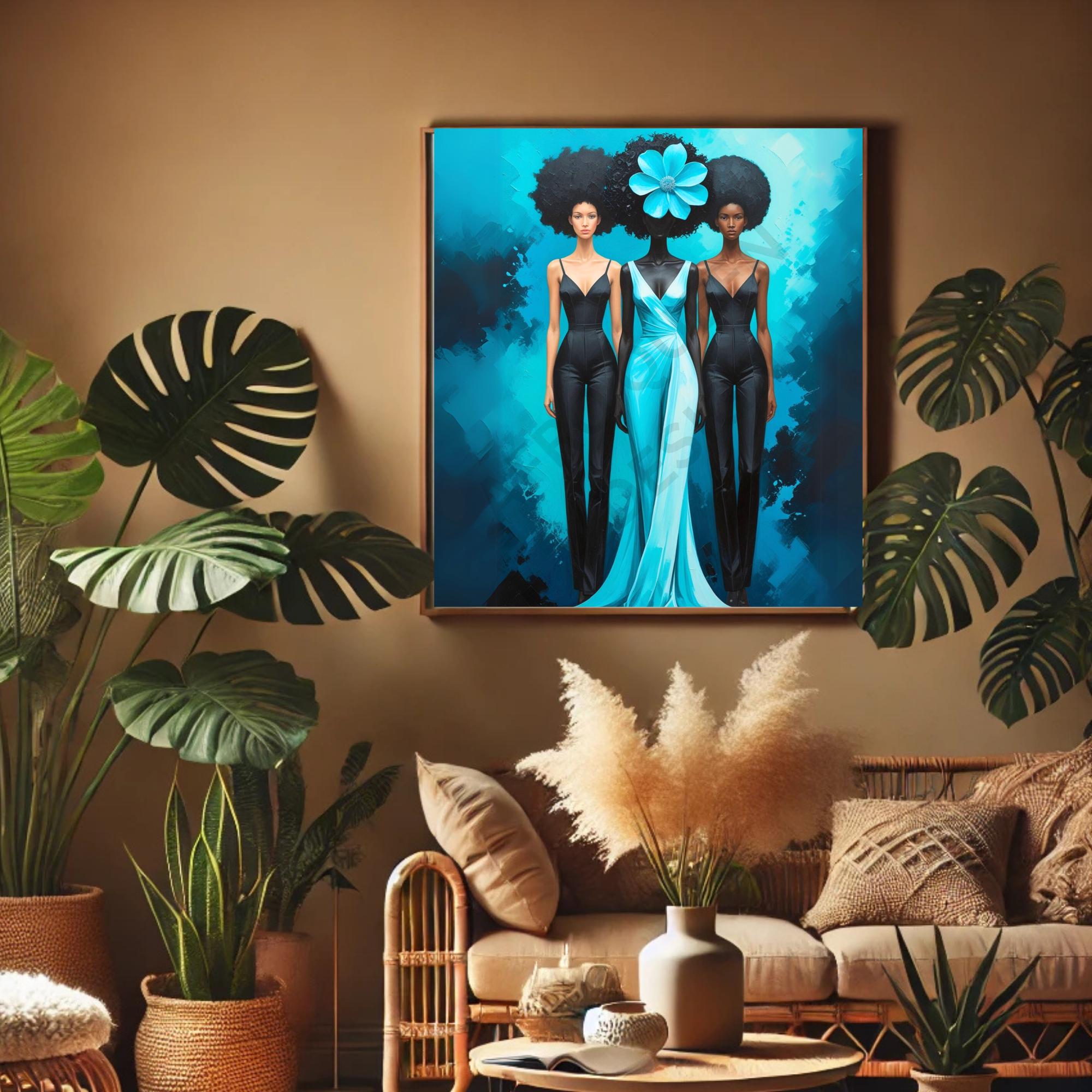 Black Art Print – Trio of Afro Chic Black Women in Blue and Black ...