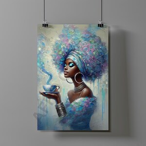 Elegant African Woman Art Print, Vibrant Tea Sipping Digital Artwork, Afrocentric Wall Decor, Instant Download