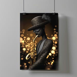 Stampa artistica nera – Sassofonista jazz in oro, stampa murale con musica afrocentrica, elegante download digitale per gli amanti della musica